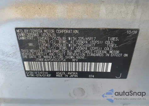 2010 Toyota Rav4 z USA, uszkodzony, nr VIN JTMBF4DV5A5020754